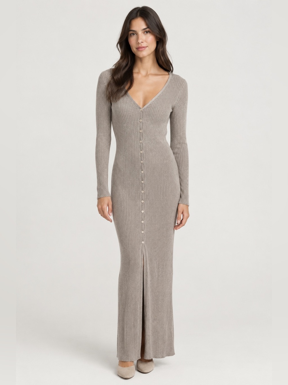 Babaton Merino Wool Rib Knit Maxi Dress Taupe Button Front Size S